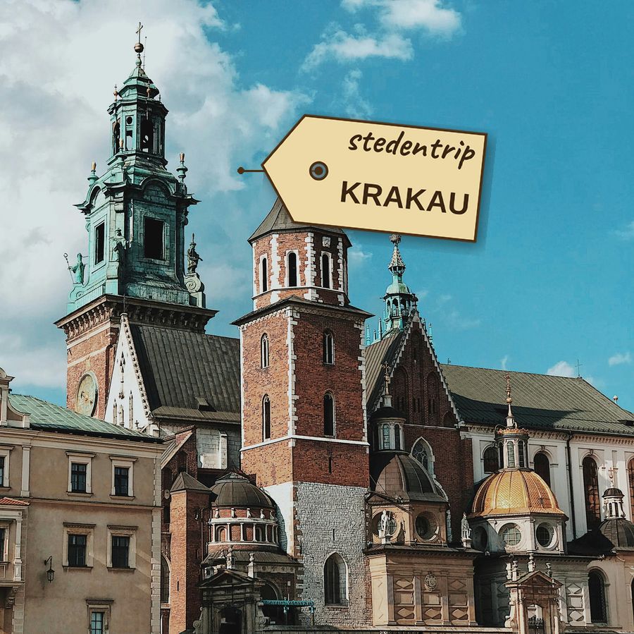 Foto van het Wawelkasteel in Krakau met het label 'stedentrip KRAKAU'.